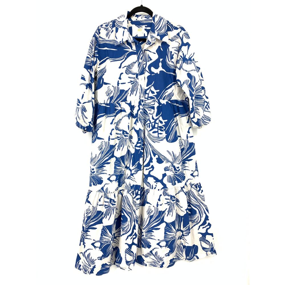 Maeve Anthropologie The Bettina Blue White Floral Tiered Midi Shirt Dress Size M
